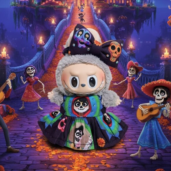 Dia De Los Muertos Disney Coco Miguel Dress and Skull Bow for Labubu Outfit - Picture 1 of 6